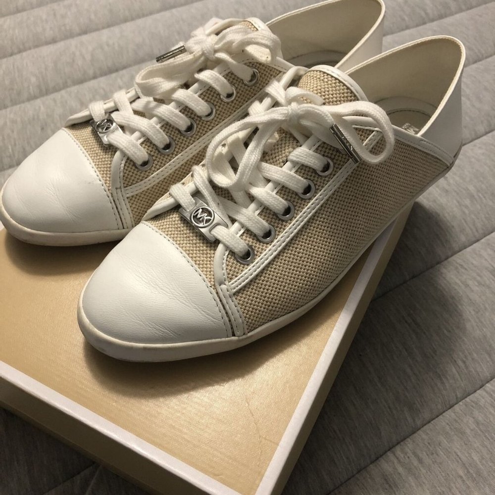 Women's Michael Kors KRISTY SLIDE Sneaker Lace Up Canvas Leather Natural White 8